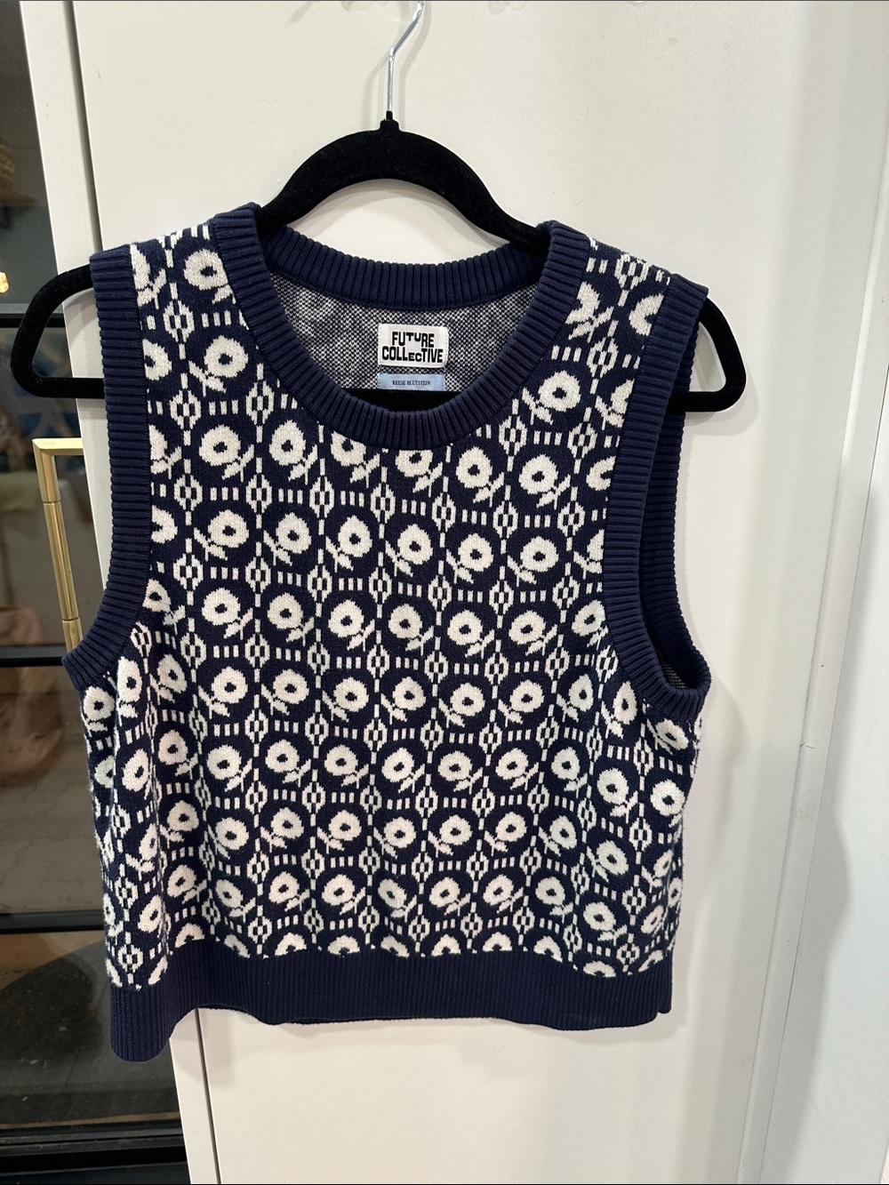 Future Collective Reese Blutstein Navy and White Knit Sleeveless Sweater Vest